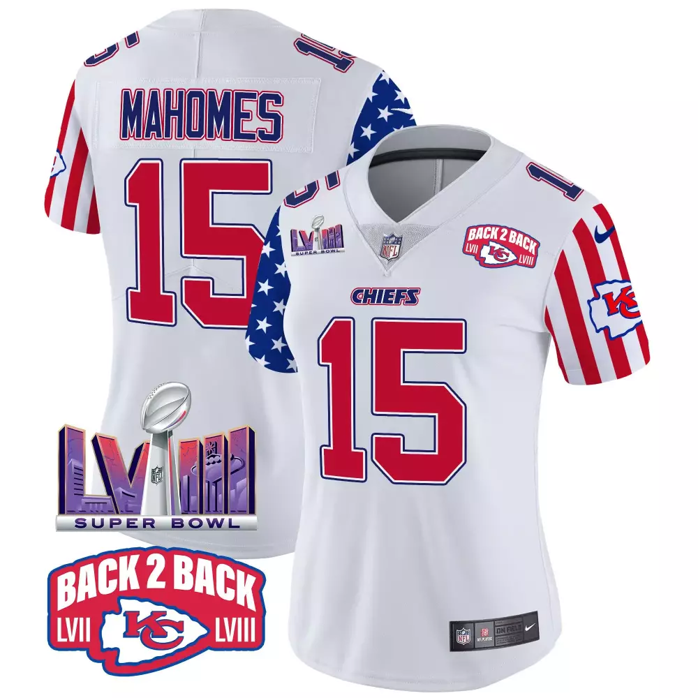 Patrick Mahomes 15 Chiefs Jersey White Super Bowl Lvii & Lviii Champions 2023 Women