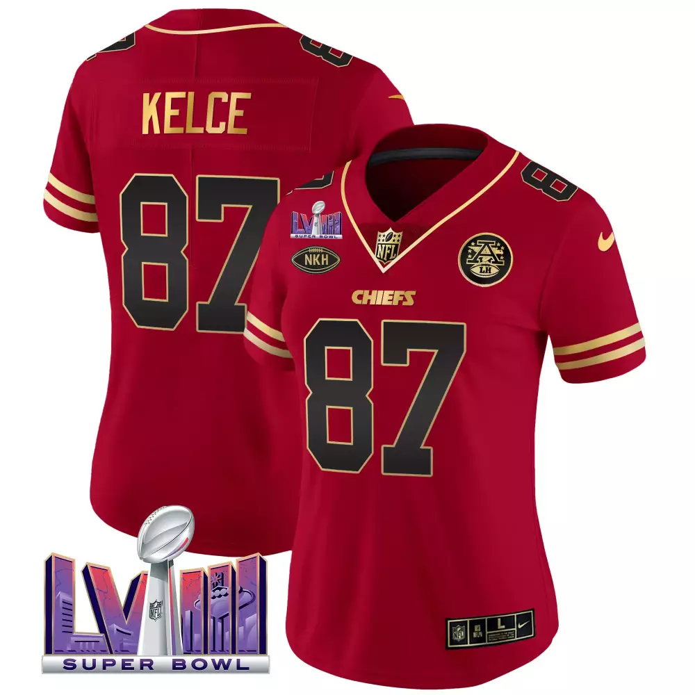 Travis Kelce 87 Chiefs Jersey Red Super Bowl Lviii Men Alternate Black Gold Vapor