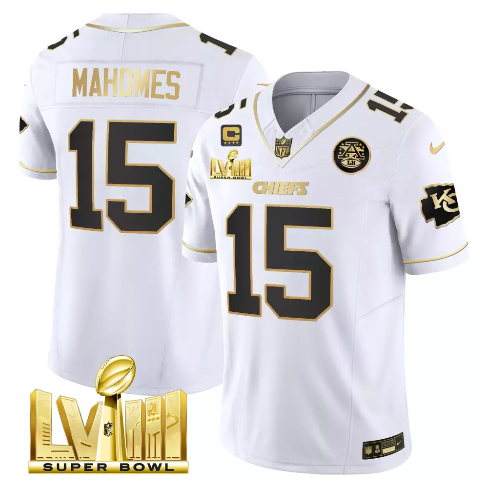 Patrick Mahomes 15 Chiefs Jersey White Super Bowl Lviii 2020 Men NFL Alternate Gold