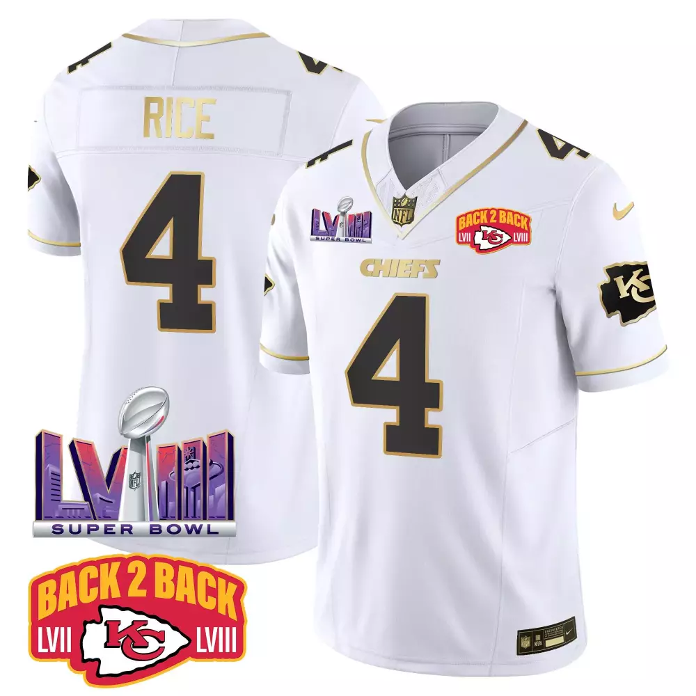 Rashee Rice 4 Chiefs Jersey White Super Bowl Lviii 2023 Men Player Black Gold Vapor