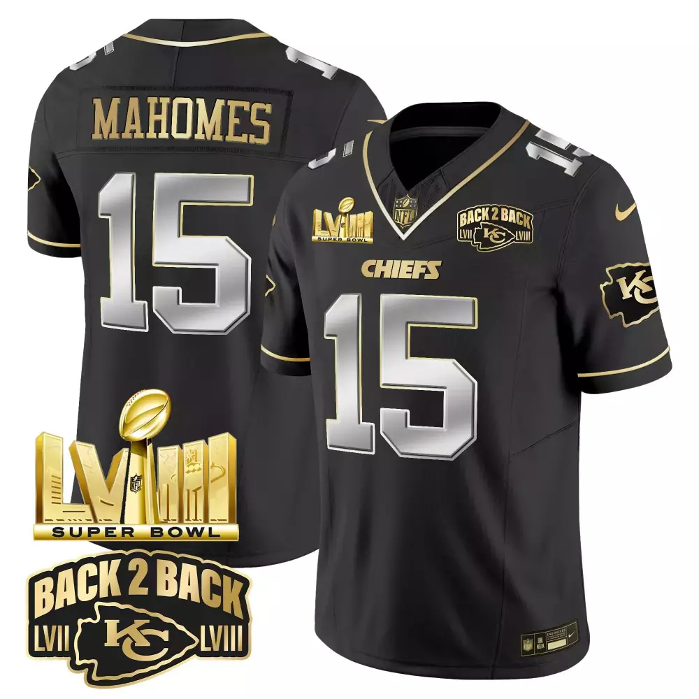 Patrick Mahomes 15 Chiefs Jersey Black Super Bowl Lviii Champions To Lvii Men Authentic