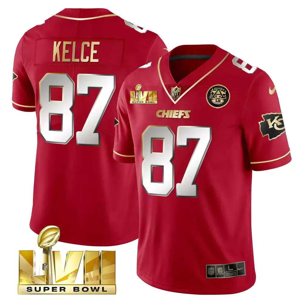 Travis Kelce 87 Chiefs Jersey Red Super Bowl Lviii Men Gold White Vapor Limited All
