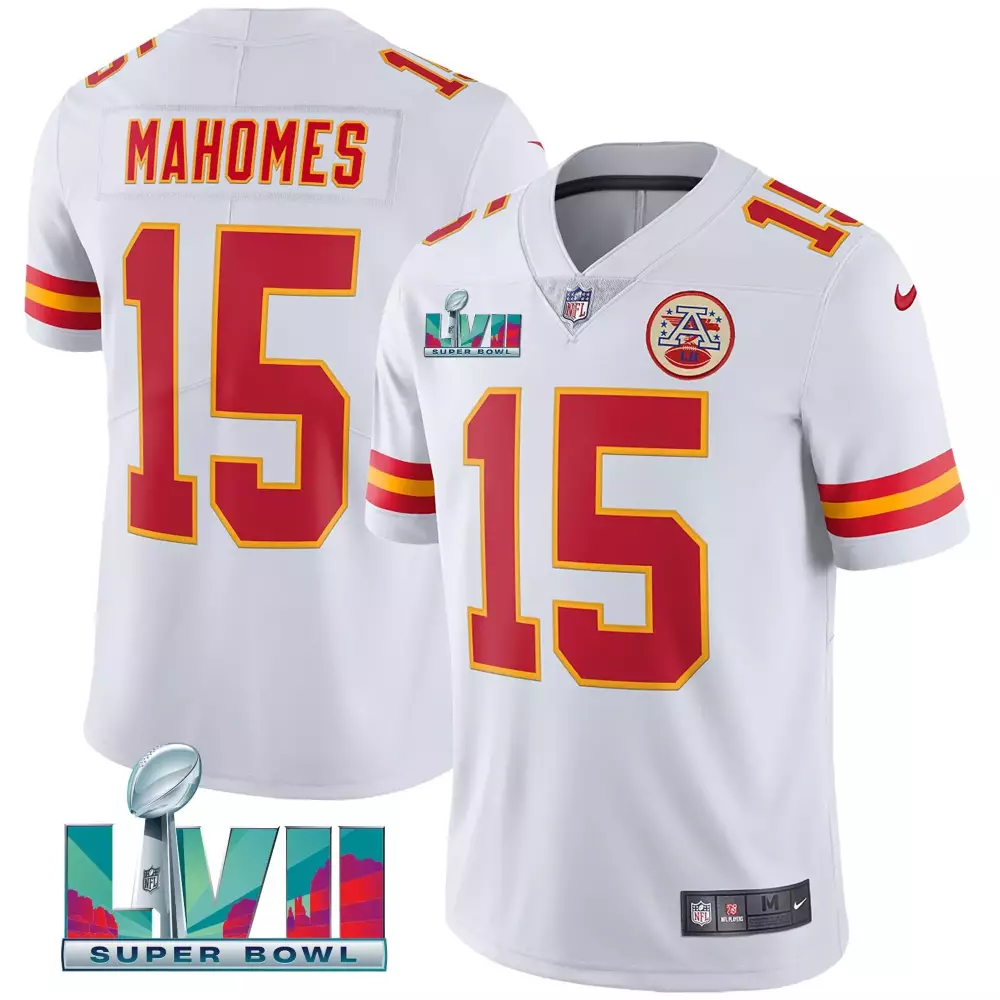 Patrick Mahomes 15 Jersey White Kansas City Chiefs Super Bowl Lvii 2022 Men Red Gold