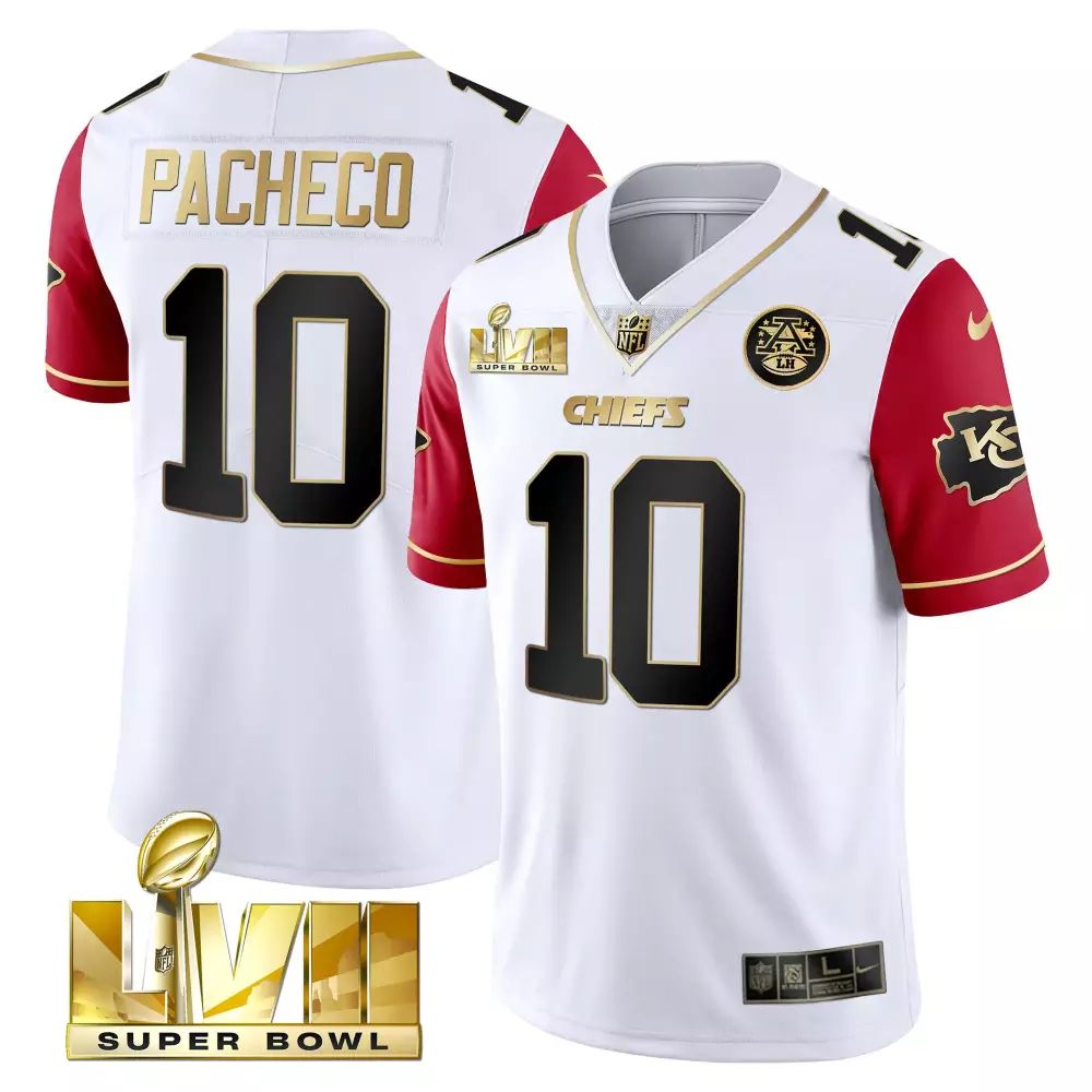 Isiah Pacheco 10 Chiefs Jersey White Super Bowl Lviii 2023 Men NFL Red Gold All Stitched