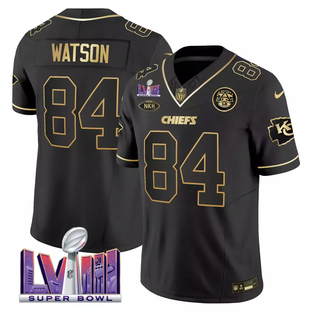 Watson Male 84 Chiefs Jersey Black Super Bowl Lviii Nkh 2023 Men Player Gold Stitched