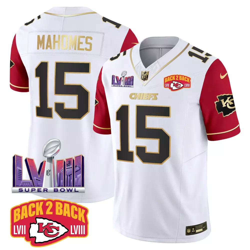 Patrick Mahomes 15 Chiefs Jersey White Super Bowl Lviii Champions 2023 Men Authentic