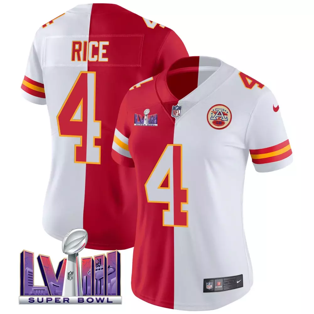 Rashee Rice 4 Chiefs Jersey Red Super Bowl Lviii Women Split Design White Yellow