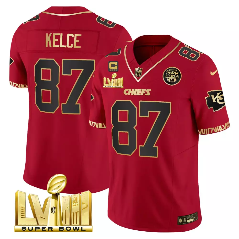 Travis Kelce 87 Chiefs Jersey Red Super Bowl Lviii 2023 Men Player Gold Black Vapor