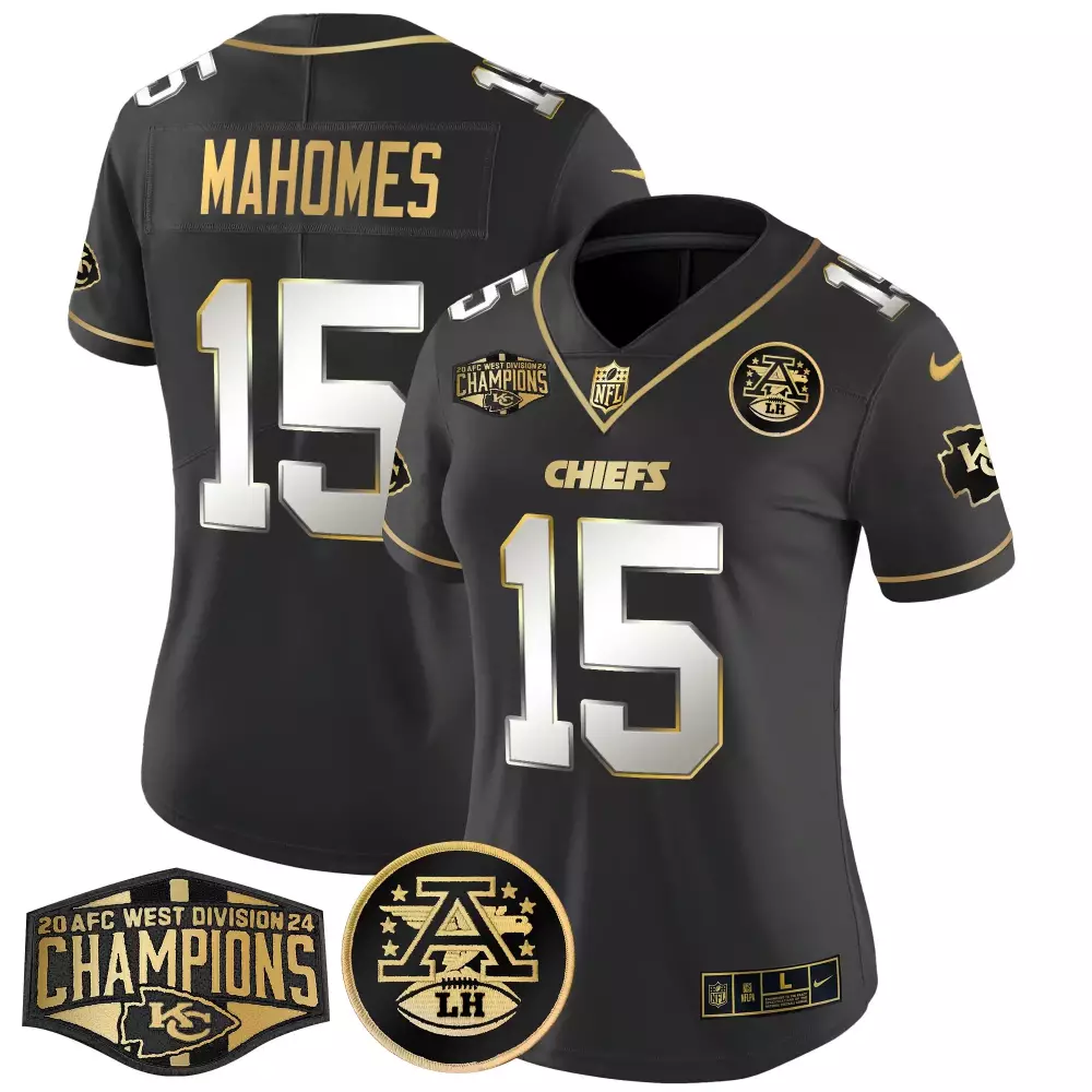 Patrick Mahomes 15 Chiefs Jersey Black AFC West Division Champions Men Official Gold