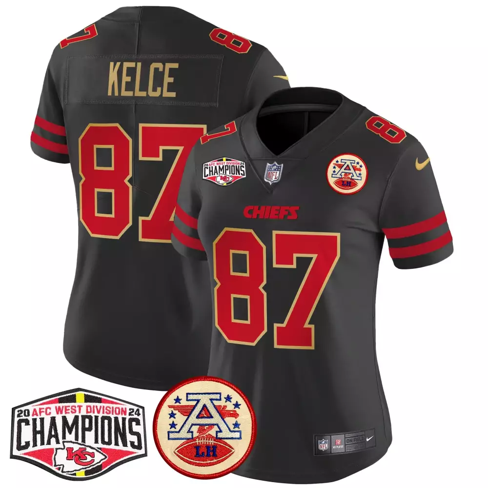 Travis Kelce 87 Jersey Black AFC Championship Kansas City Chiefs 2024 Men Red Gold
