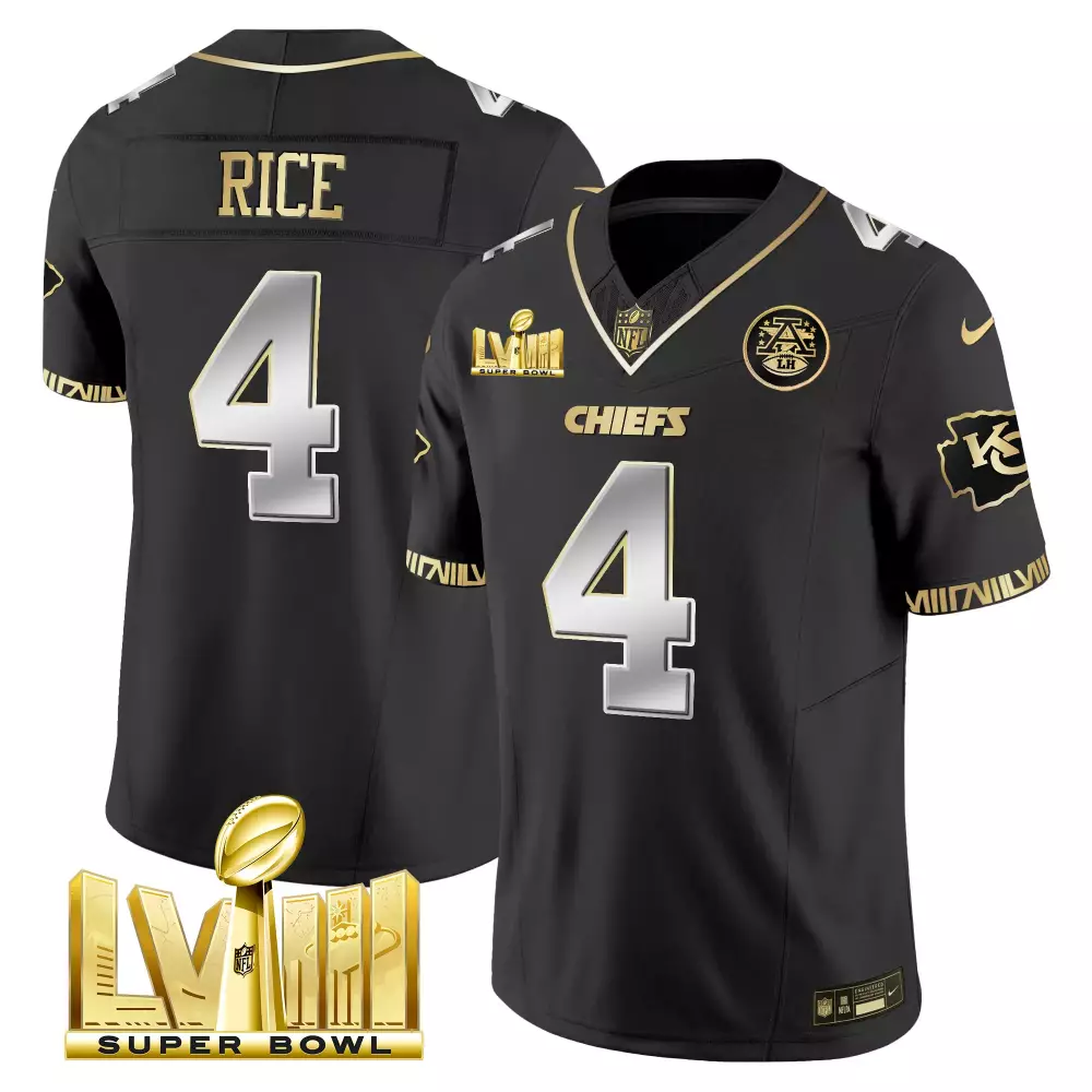 Rashee Rice 4 Chiefs Jersey Black Super Bowl Lviii Men Player Gold Silver All Stitched