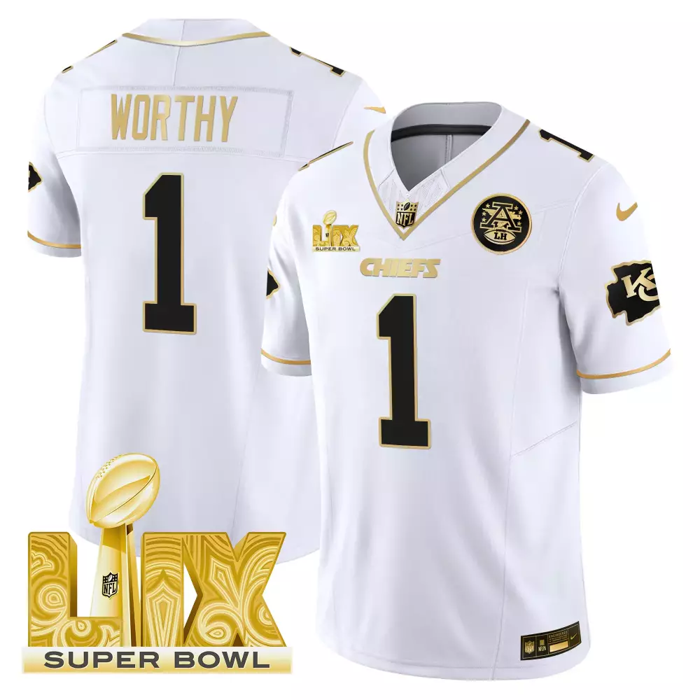 Xavier Worthy 1 Chiefs Jersey White Super Bowl Lix Men Official Gold Black Vapor