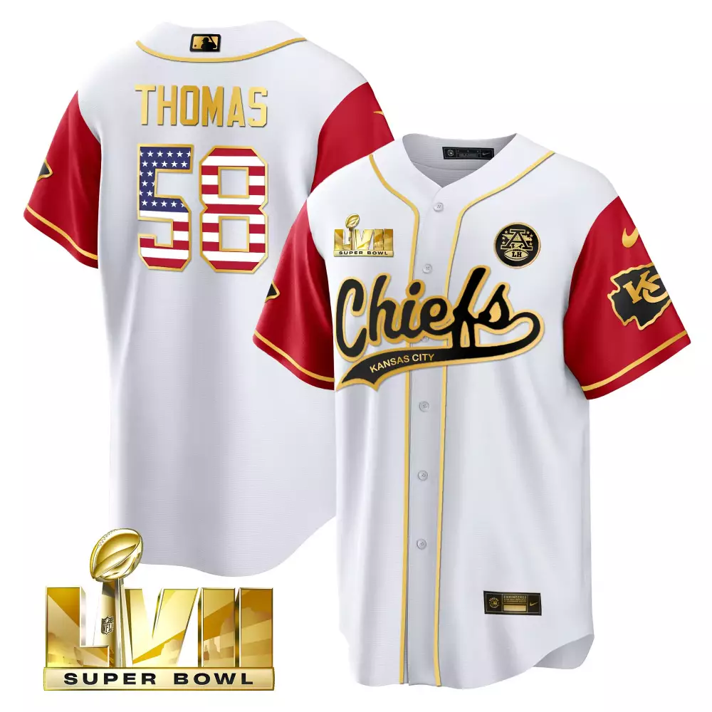 R Mason 58 Kansas City Chiefs Jersey White Super Bowl Lviii Men Split Red Gold All