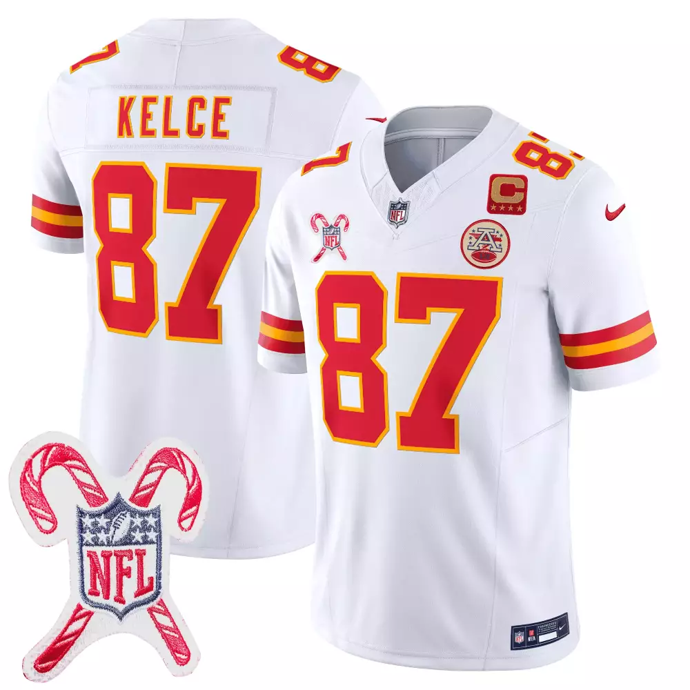 Travis Kelce 87 Jersey White Kansas City Chiefs Candy Cane Men NFL Alternate Red