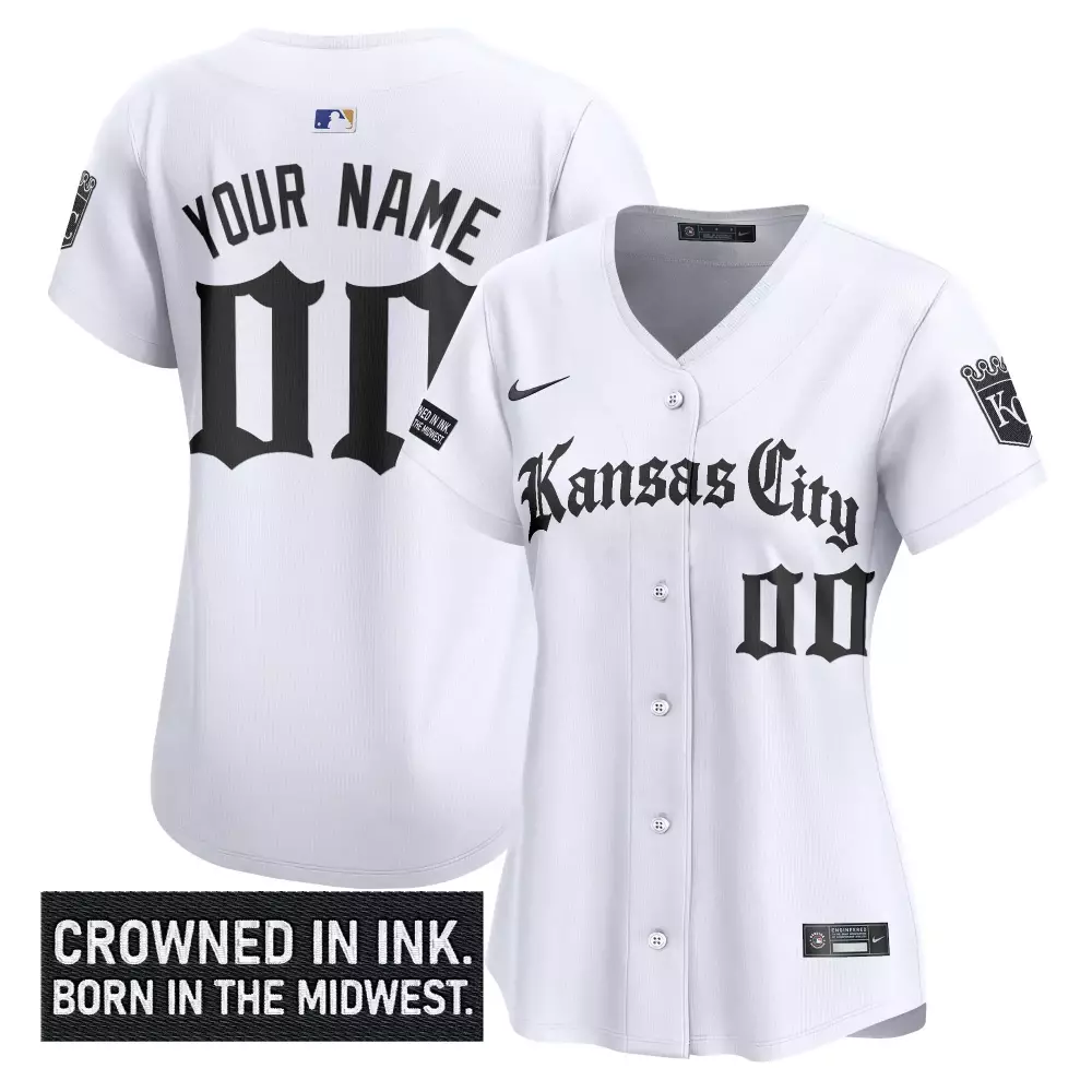 Custom Kansas City Royals Jersey White Crowned In Ink Born Midwest. Men Black Vapor