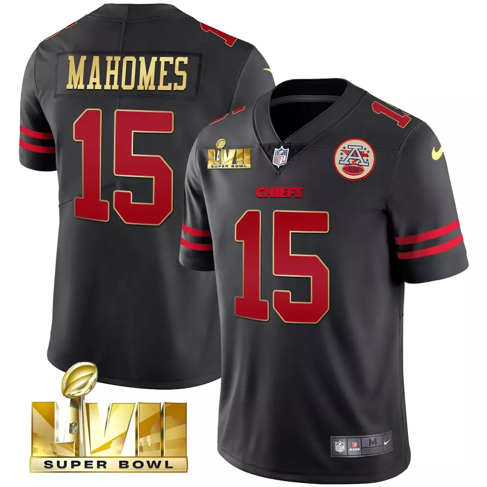 Patrick Mahomes 15 Chiefs Jersey Black Super Bowl Lviii Men Red Gold Vapor All Stitched
