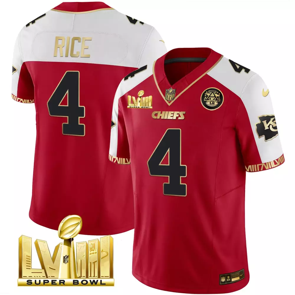 Rashee Rice 4 Chiefs Jersey Red Super Bowl Lviii Men White Gold Alternate Vapor v2