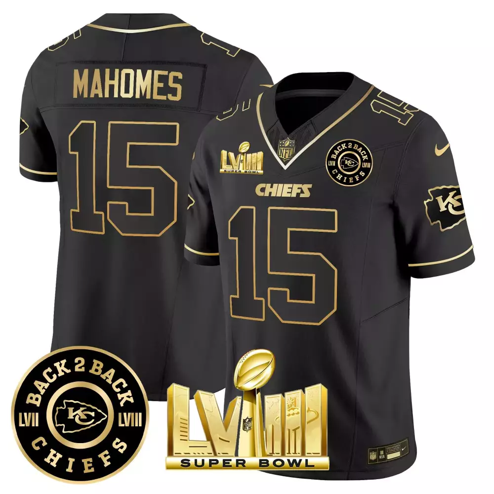 Patrick Mahomes 15 Chiefs Jersey Black Super Bowl Lvii Lviii Champions 2023 Men Official