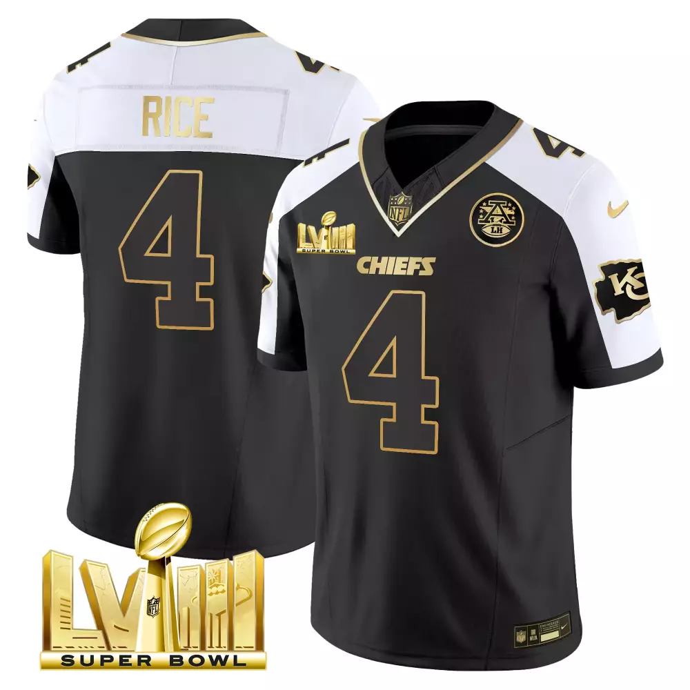 Rashee Rice 4 Chiefs Jersey Black Super Bowl Lviii AFC Men Player White Gold All