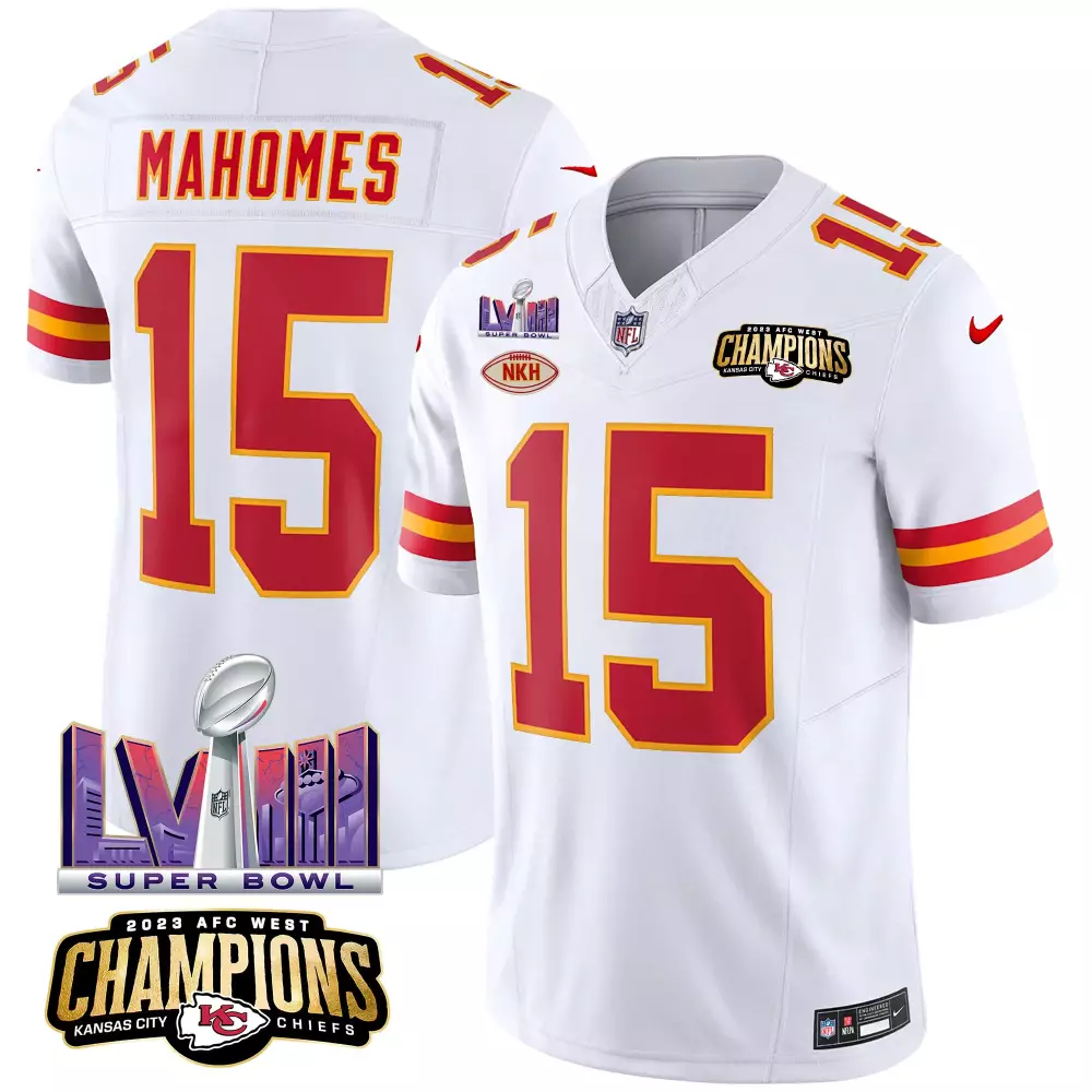 Patrick Mahomes 15 Jersey White Super Bowl Lvii Champions Kansas City Chiefs AFC West 2023