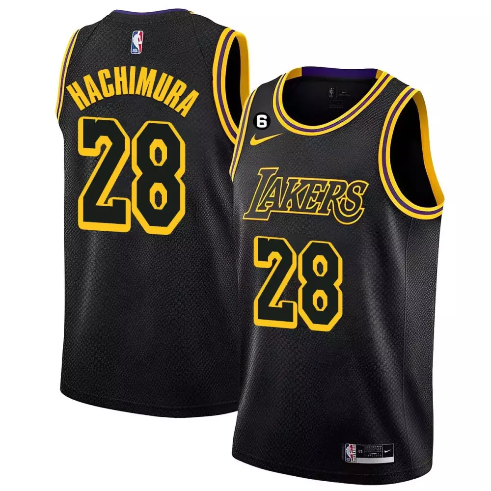 Rui Hachimura 28 Lakers Jersey Black Men Yellow Purple Collection All Stitched