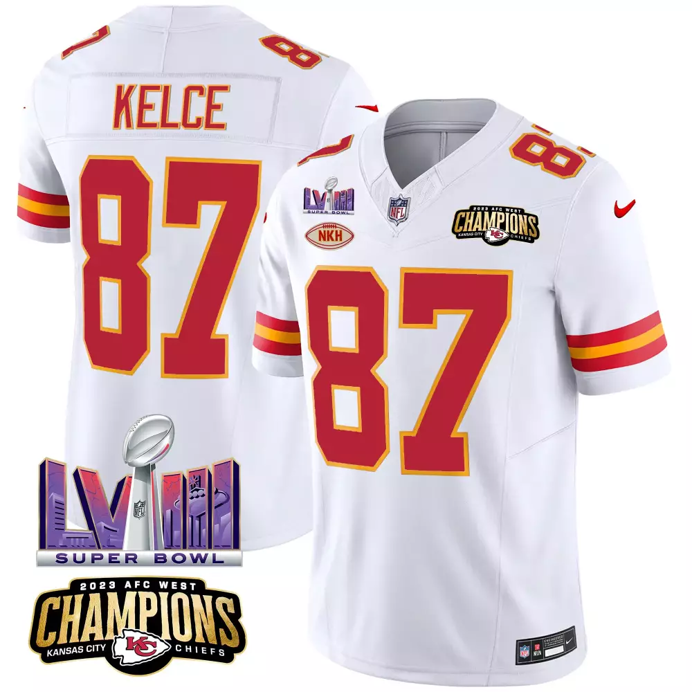 Travis Kelce 87 Jersey White Super Bowl Lvii Champions Kansas City Chiefs AFC West 2023