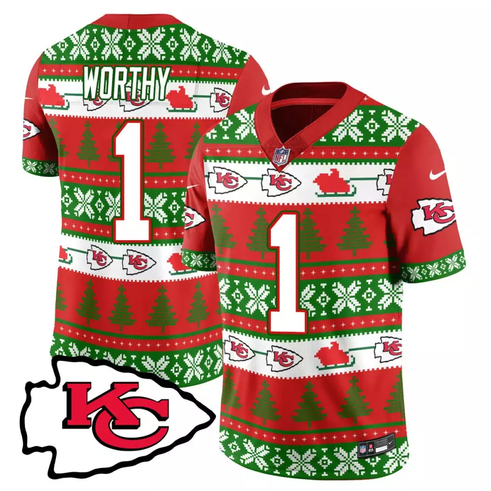 Xavier Worthy 1 Jersey Red Christmas Kansas City Chiefs Men Ugly Sweater Custom Design