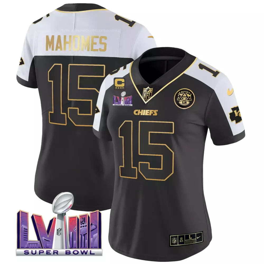 Patrick Mahomes 15 Chiefs Jersey Black Super Bowl Lvii Men Standard White Gold Alternate