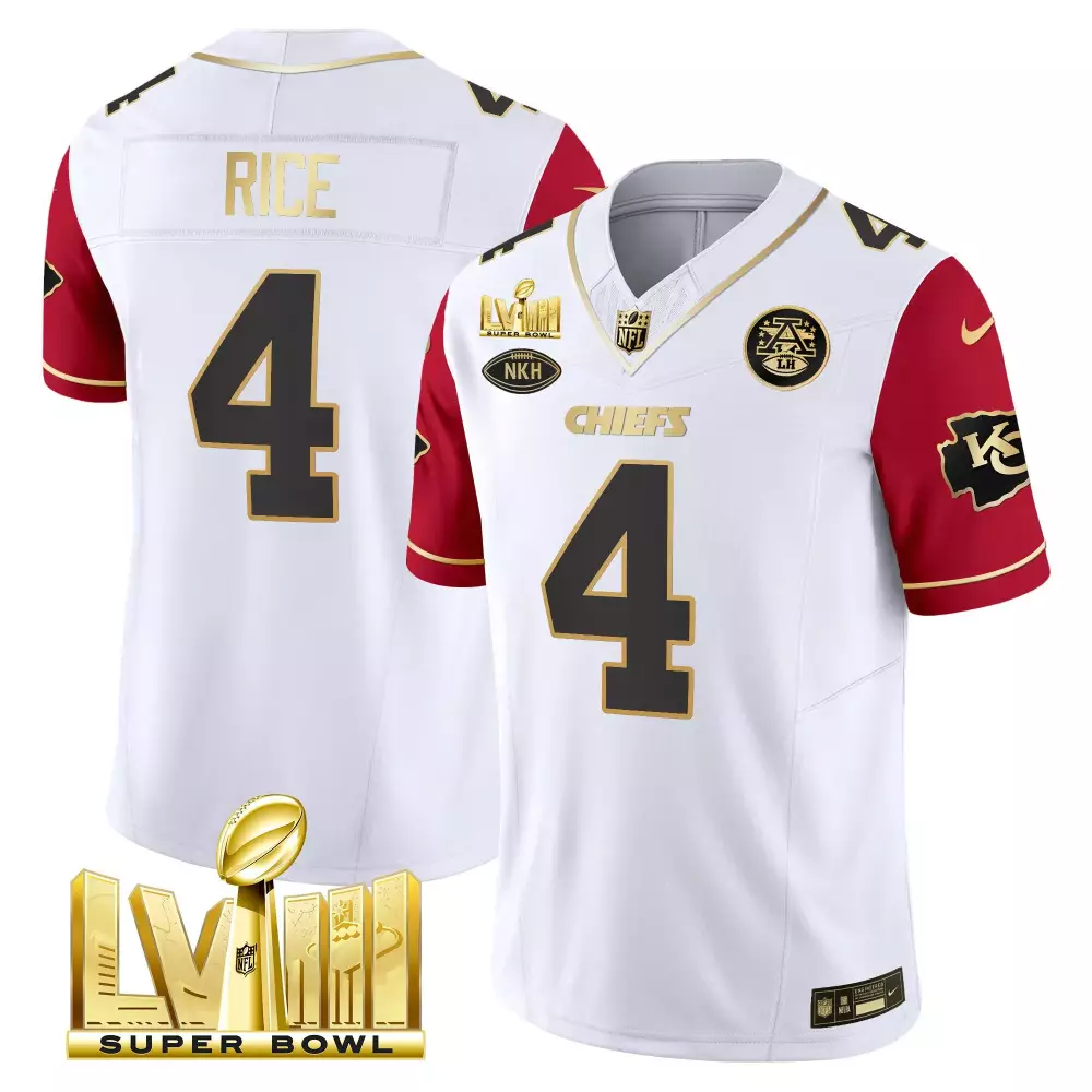 Rashee Rice 4 Chiefs Jersey White Super Bowl Lviii Men Split Design Red Gold Vapor