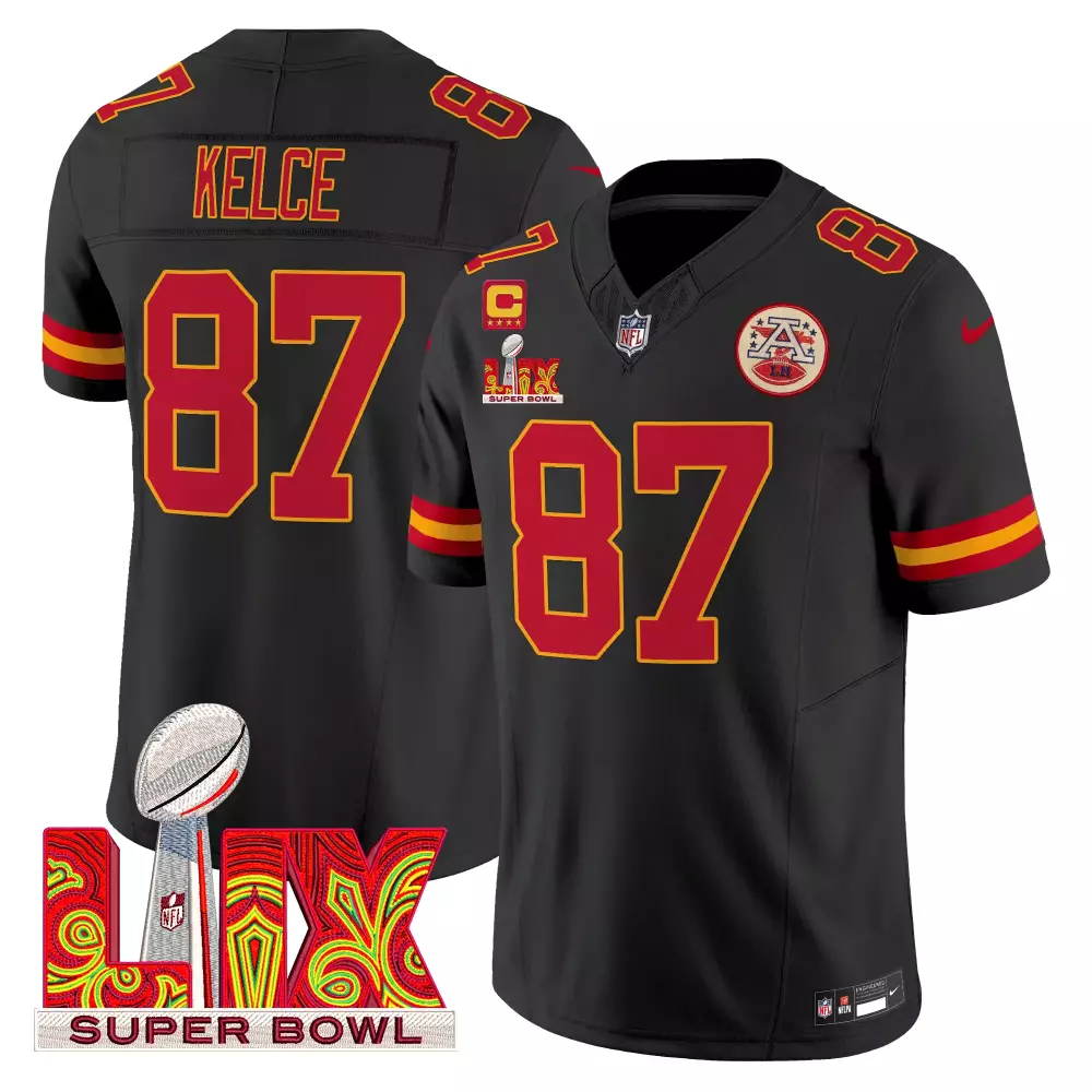 Travis Kelce 87 Chiefs Jersey Black Super Bowl Lix Men Player Red Yellow Vapor Limited