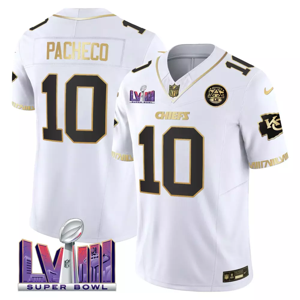 Isiah Pacheco 10 Chiefs Jersey White Super Bowl Lvii Men Black Gold All Stitched