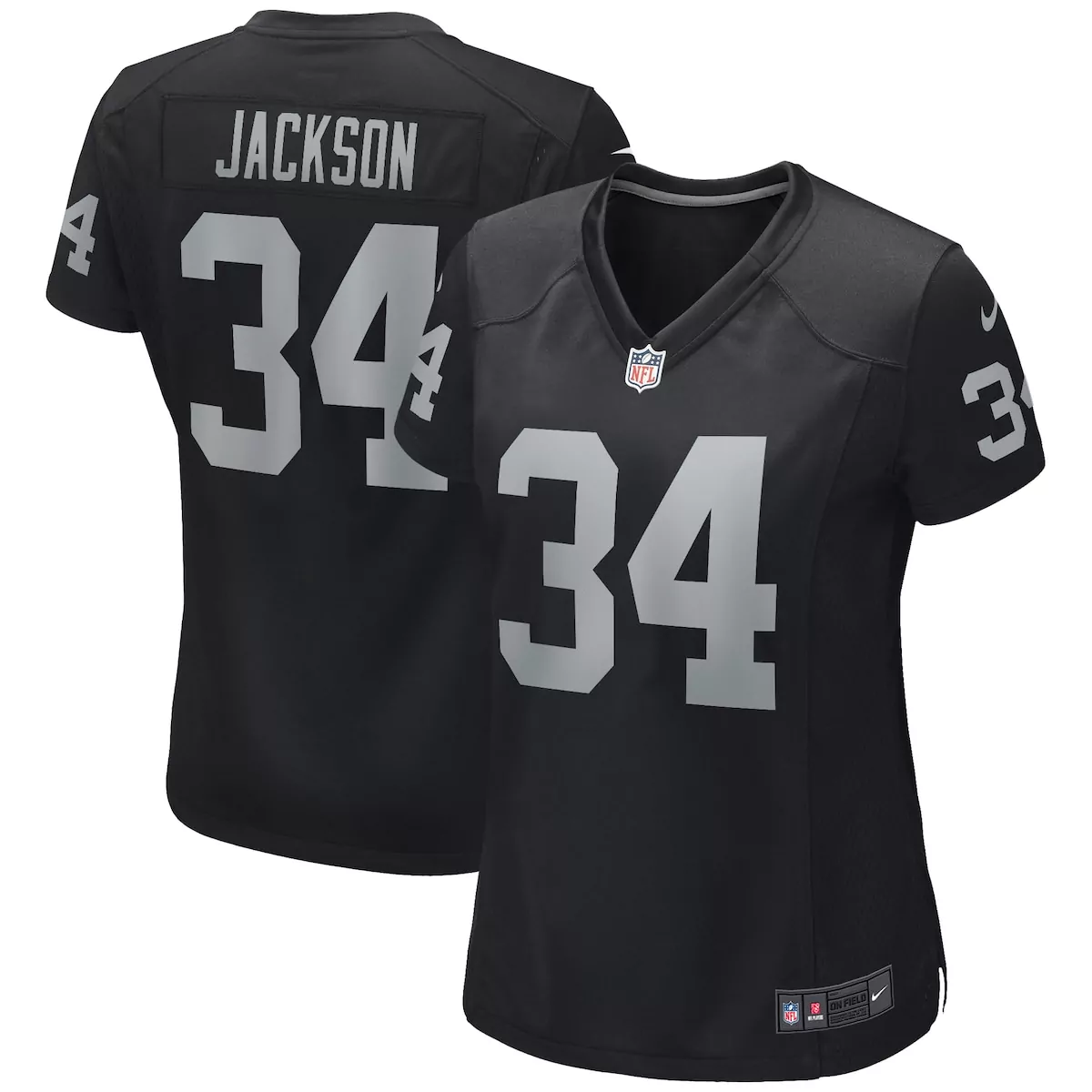 Bo Jackson 34 Raiders Jersey Black Women Replica Silver Game Retired