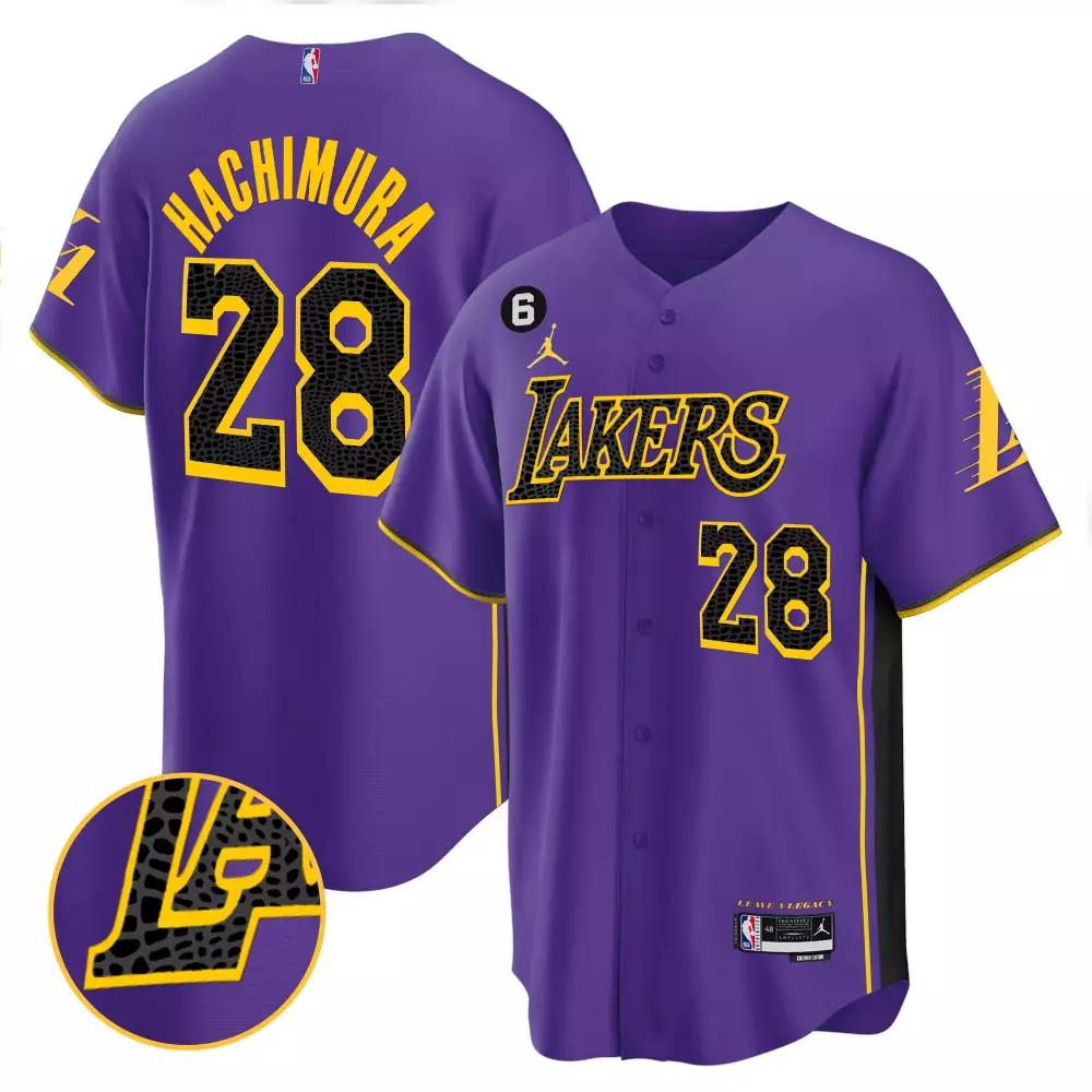 Rui Hachimura 28 Lakers Jersey Purple Jordan Men Yellow Black Cool Base All Stitched