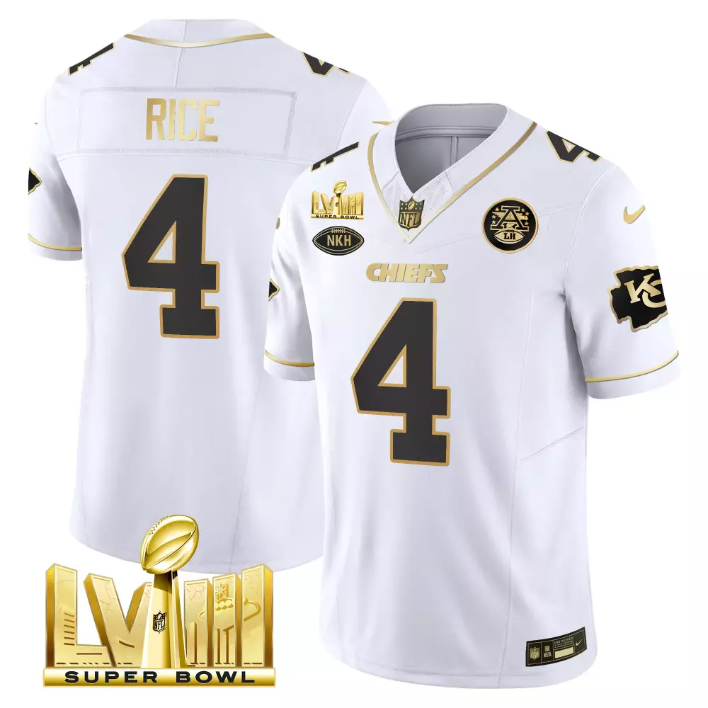 Rashee Rice 4 Chiefs Jersey White Super Bowl Lviii 2023 Men Player Alternate Gold