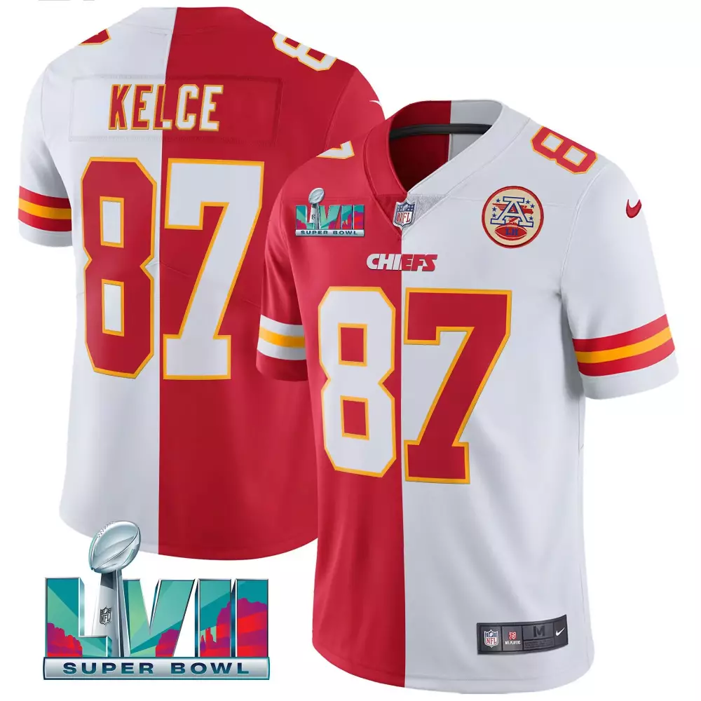 Travis Kelce 87 Chiefs Jersey Red Super Bowl Lvii Men Split Design White Yellow Vapor