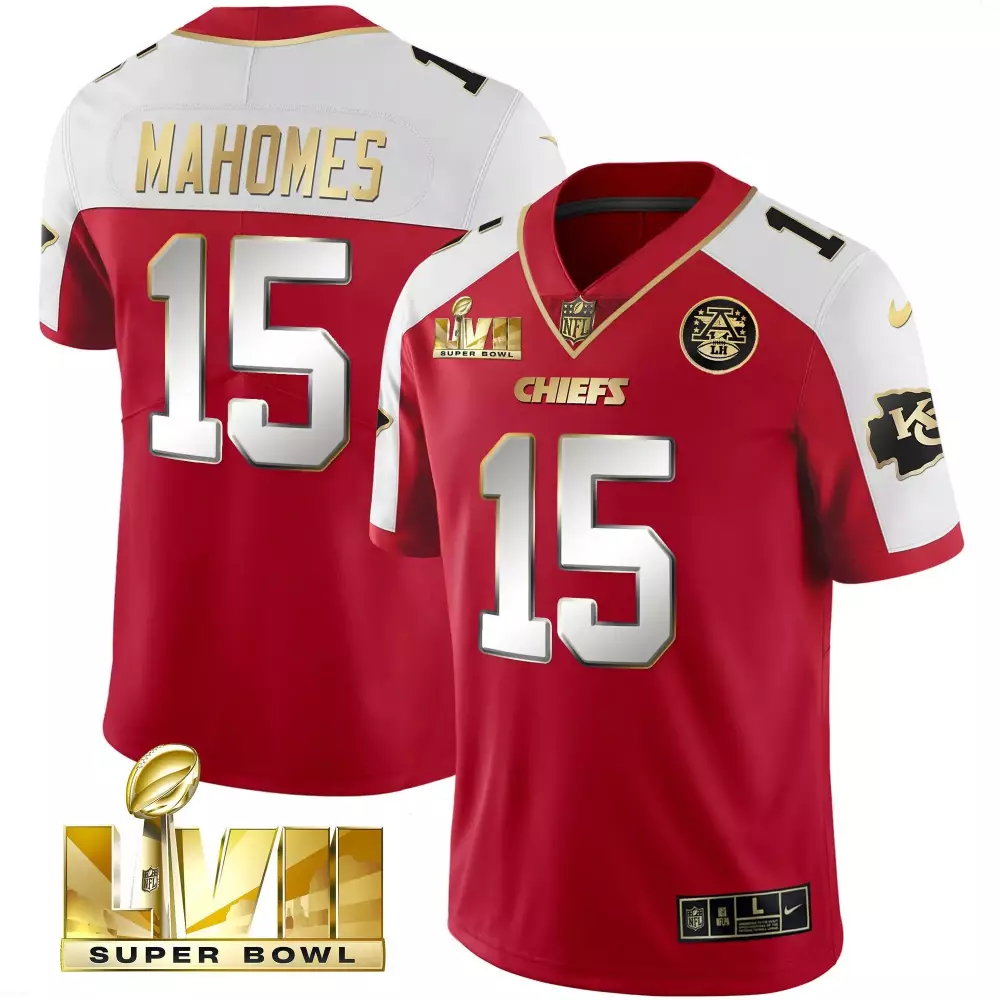 Patrick Mahomes 15 Chiefs Jersey Red Super Bowl Lvii Men White Gold Alternate Vapor