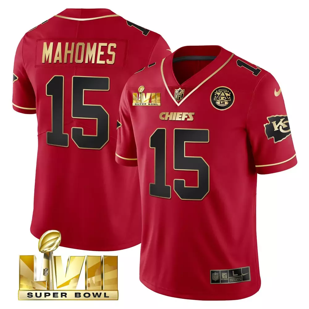 Patrick Mahomes 15 Chiefs Jersey Red Super Bowl Lvii Kansas City Men Gold Black Vapor