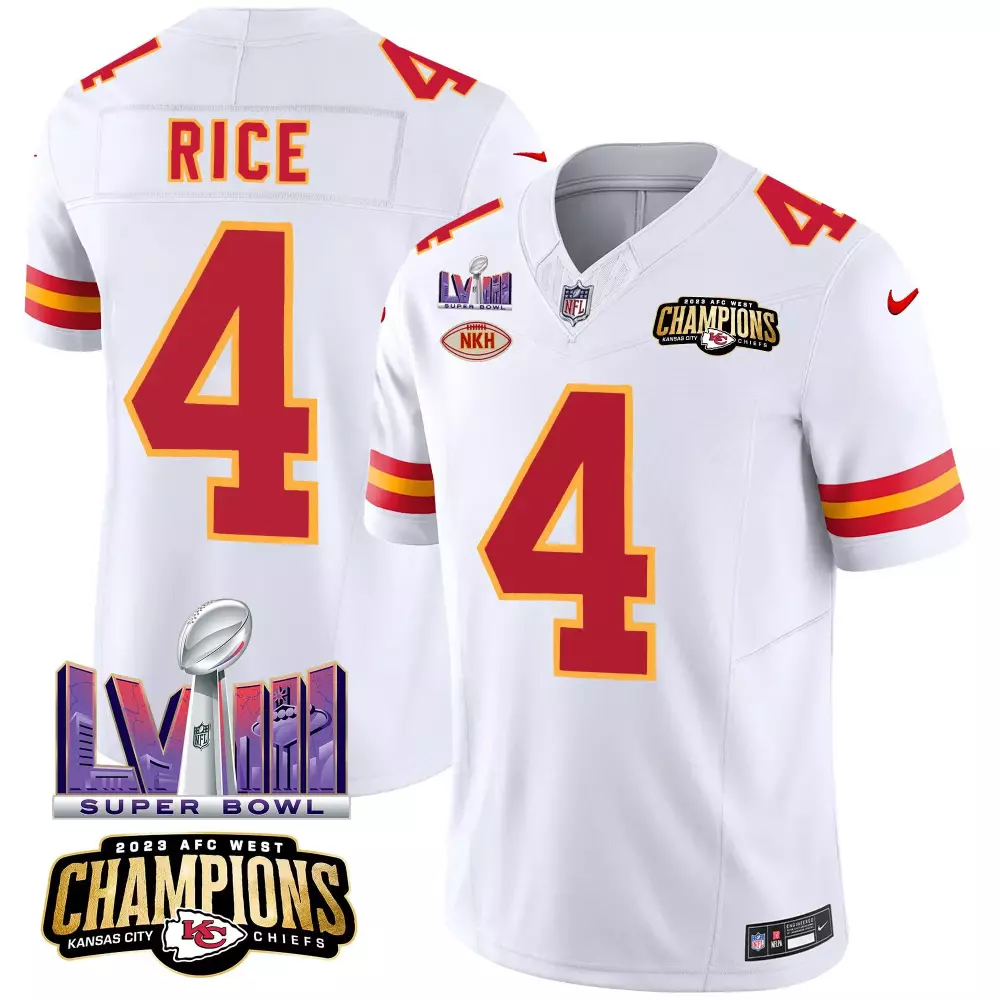 Rashee Rice 4 Kansas City Chiefs Jersey White 2023 AFC West Champions Super Bowl Lvii Nkh