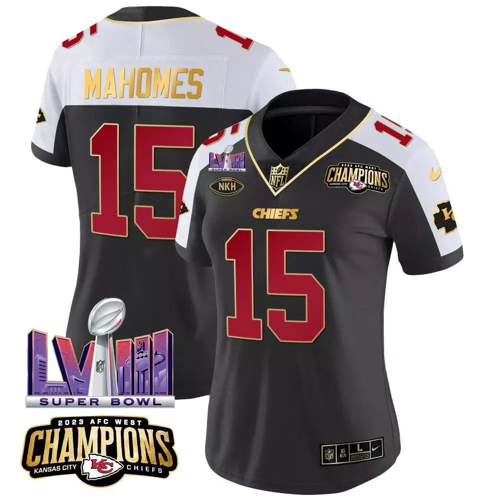 Patrick Mahomes 15 Jersey Black Super Bowl Lvii Champions Kansas City Chiefs AFC West 2023