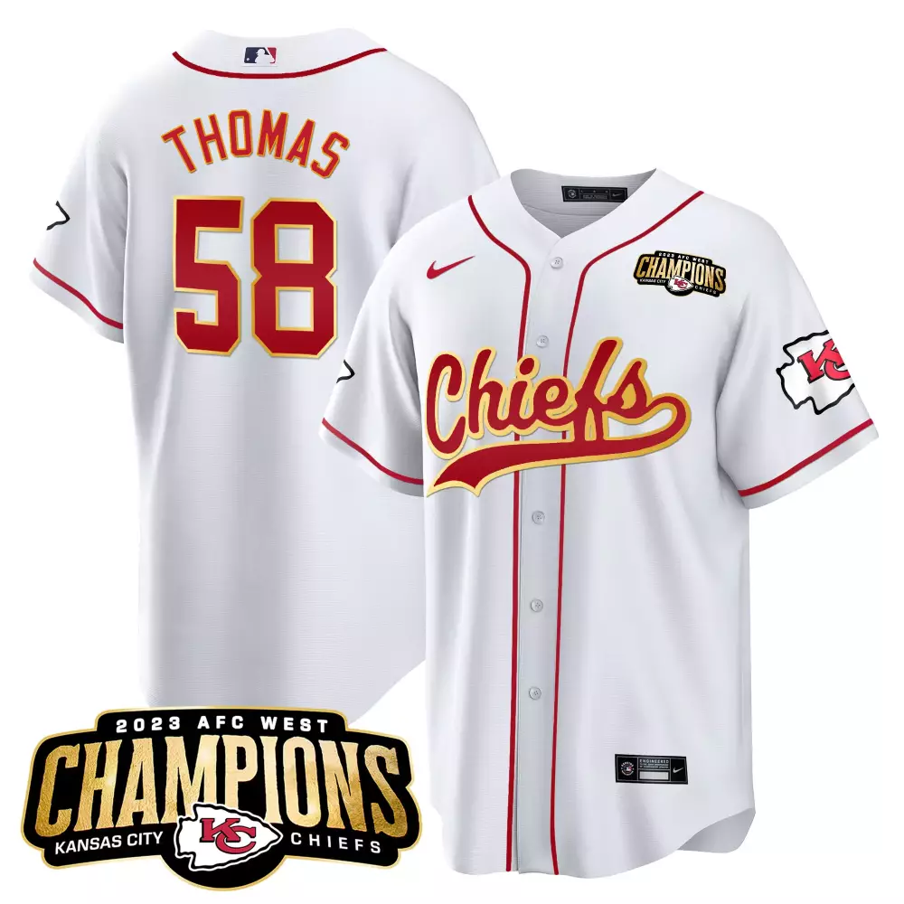 R Mason 58 Kansas City Chiefs Jersey White AFC West Champions 2023 Men Red Gold All
