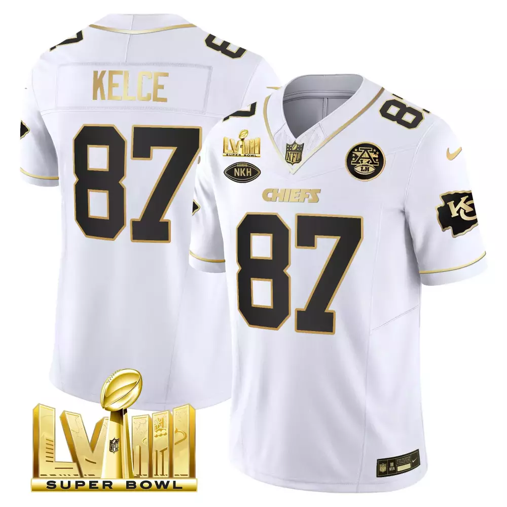 Travis Kelce 87 Chiefs Jersey White Super Bowl Lvii Men Black Gold Vapor v3 All Stitched