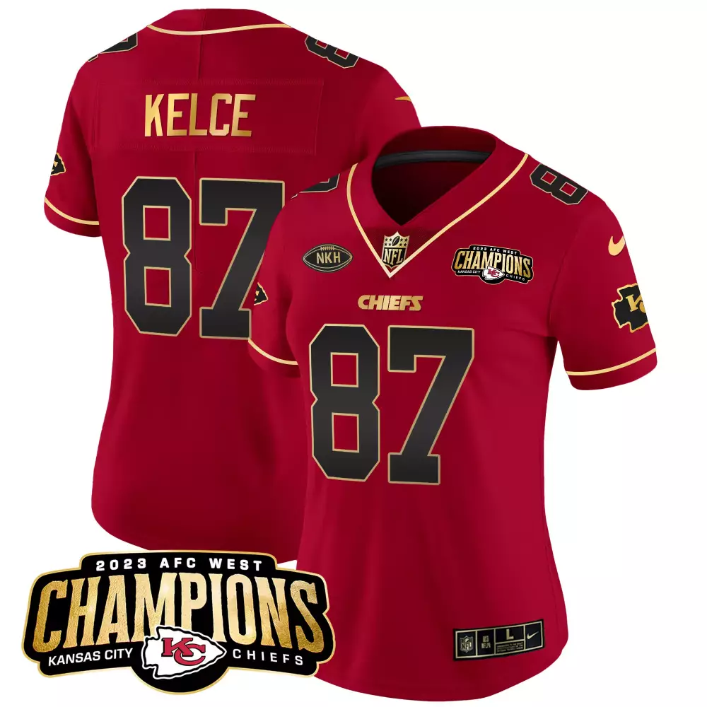 Travis Kelce 87 Jersey Red AFC West Champions Kansas City Chiefs 2023 Men Black Gold