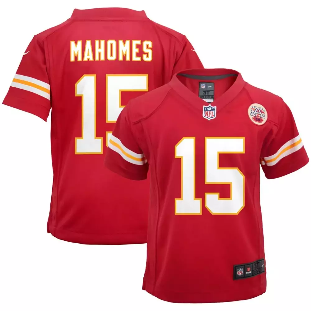 Patrick Mahomes 15 Jersey Red Kansas City Chiefs Kids Game White Yellow