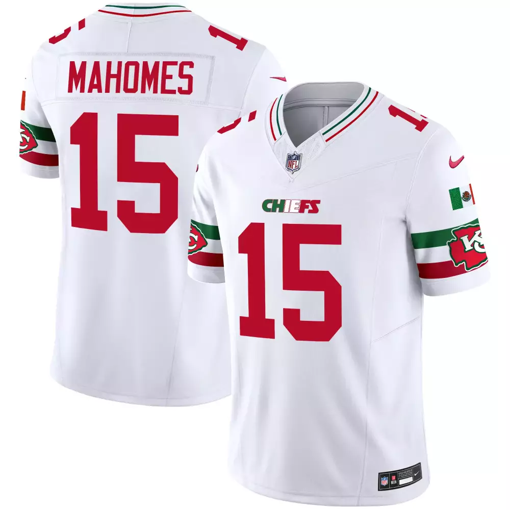 Patrick Mahomes 15 Chiefs Jersey White Mexico Flag Men NFL Red Green Vapor Limited