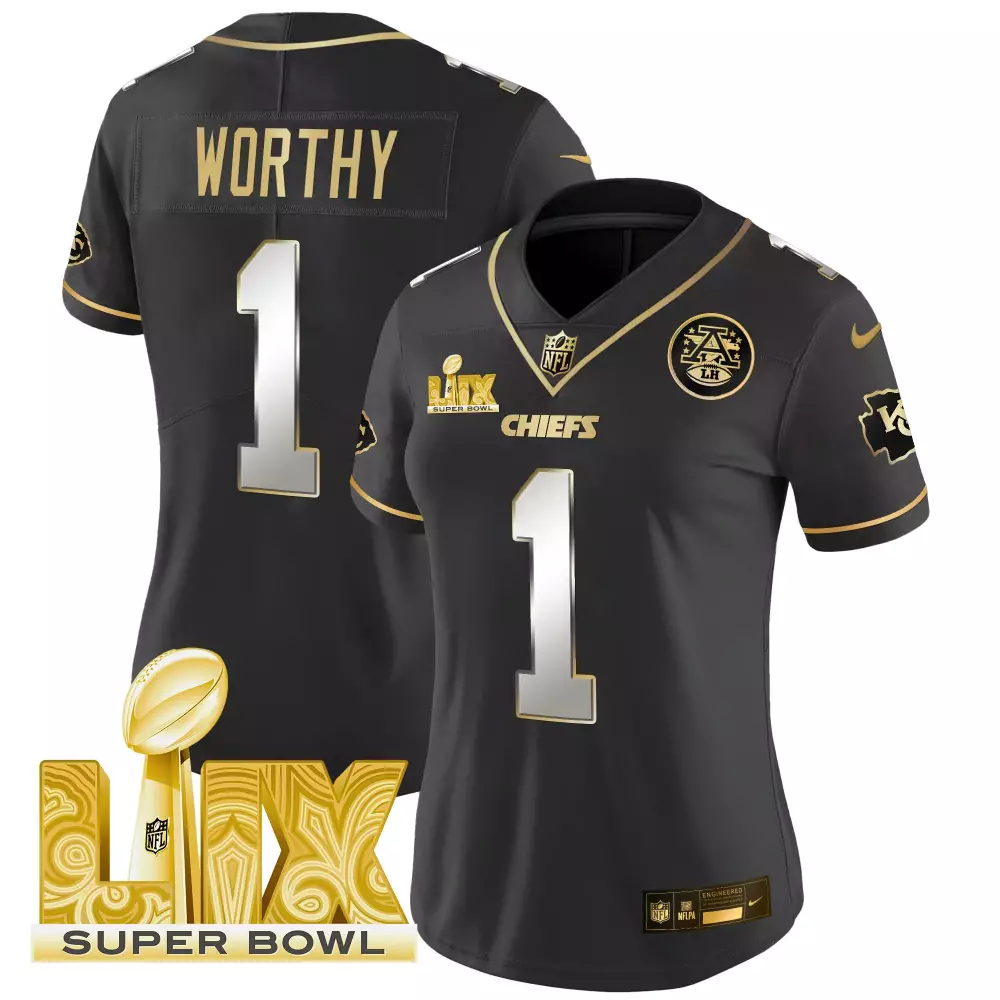 Xavier Worthy 1 Chiefs Jersey Black Super Bowl Lix 2023 Women Player Gold Silver