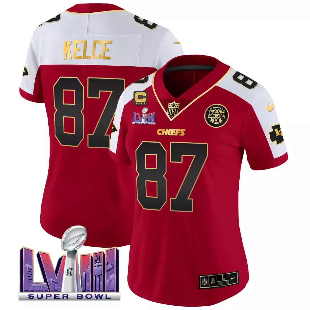 Travis Kelce 87 Chiefs Jersey Red Super Bowl Lviii Men Player White Gold Black Alternate