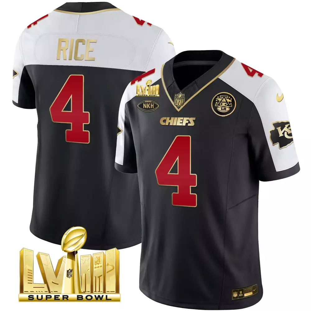 Rashee Rice 4 Chiefs Jersey Black Super Bowl Lviii Champions Men White Gold Red Alternate