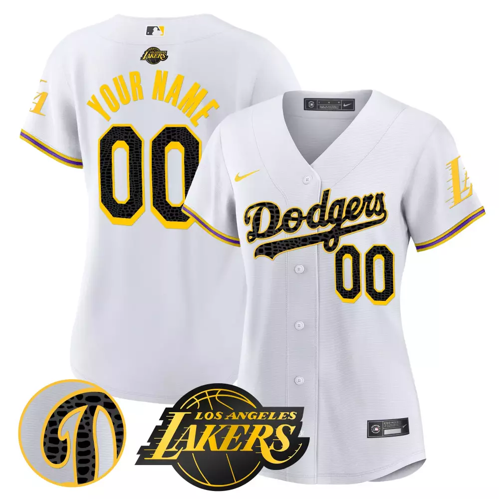 Custom Los Angeles Dodgers Jersey White LA X Lakers Collaboration 2023 Yellow Black