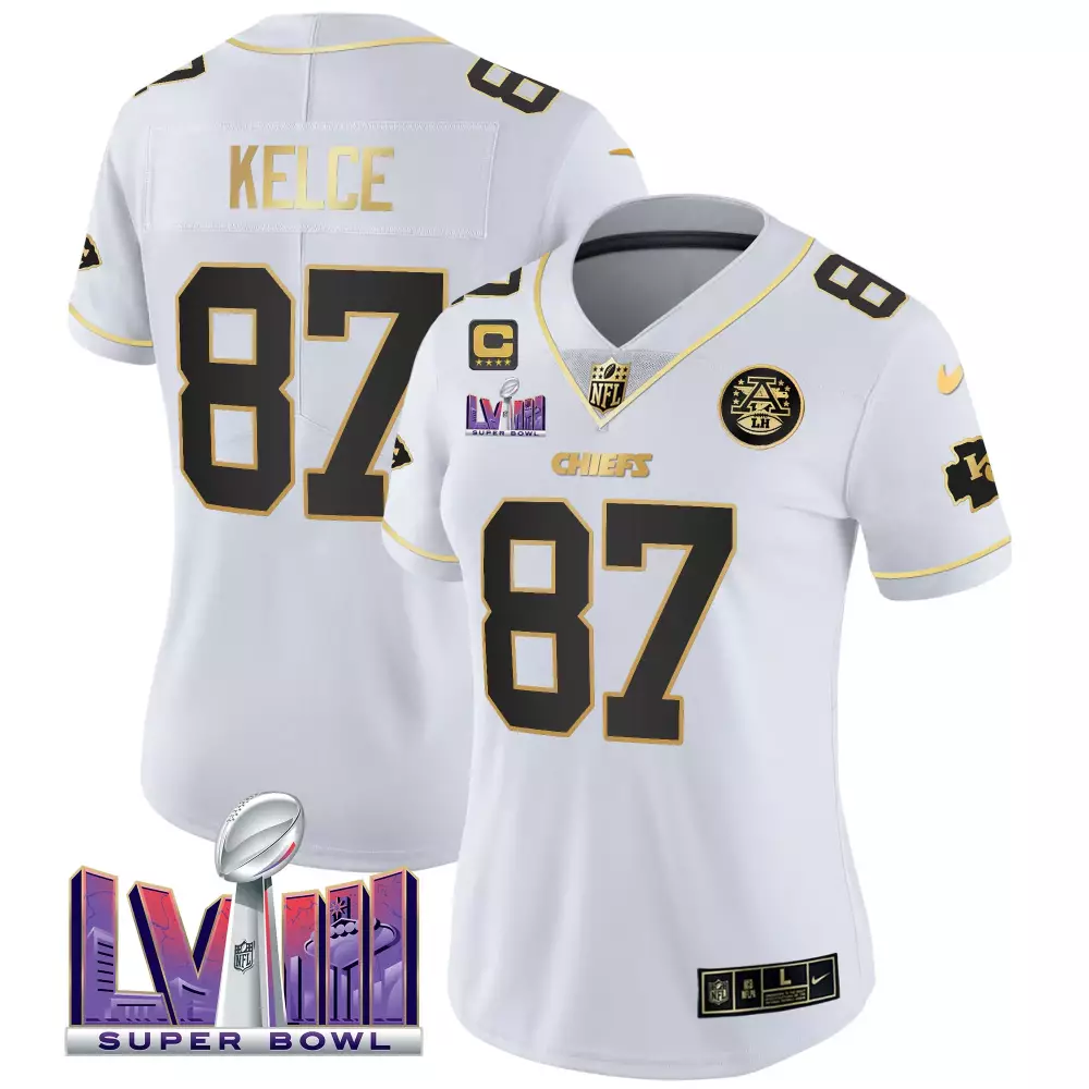 Travis Kelce 87 Chiefs Jersey White Super Bowl Lvii 2022 Women Black Gold Vapor v4