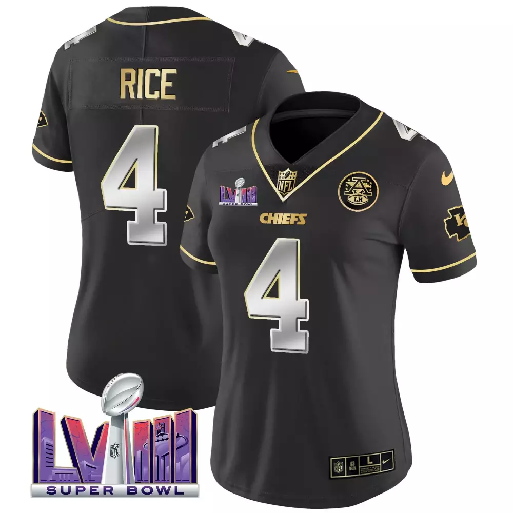 Rashee Rice 4 Chiefs Jersey Black Super Bowl Lviii Champions Men Player Gold Silver